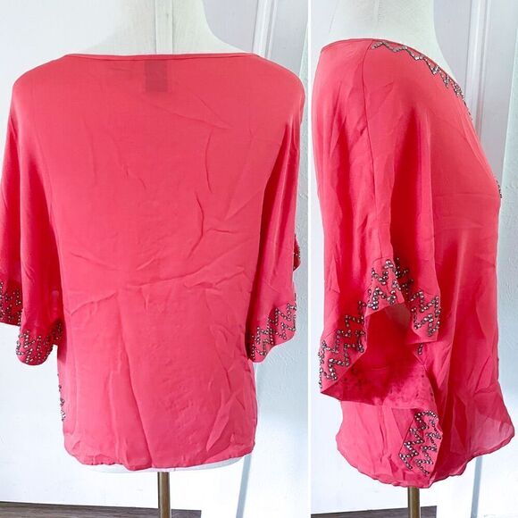 Coral 100% Silk Blouse with Gunmetal Glass Rhinestones - Picture 2 of 2